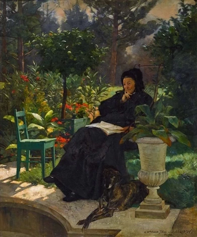 Charles Giron - Signora premurosa con cane nel giardino estivo